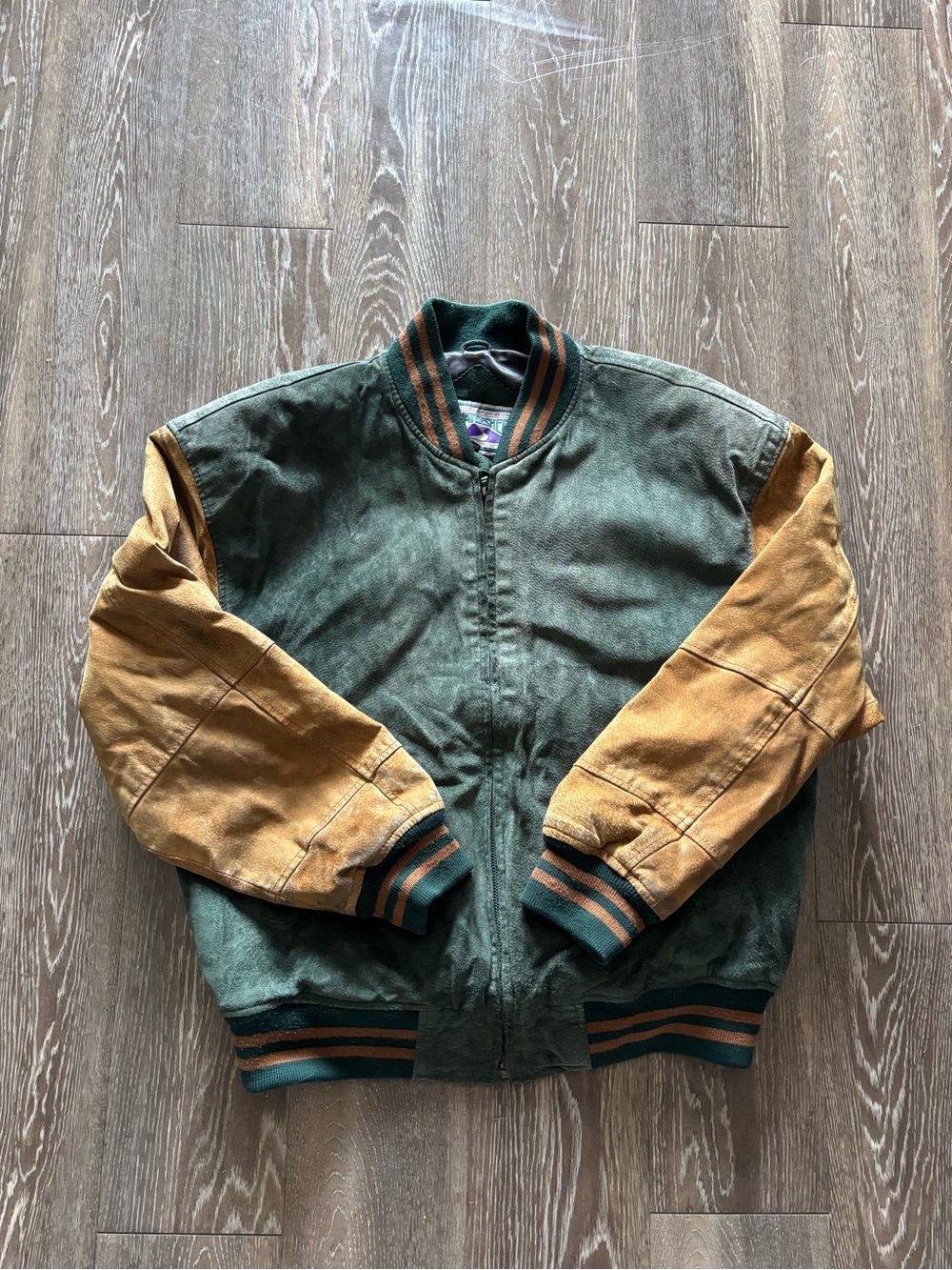William Barry Green and Tan Bomber Jacket with Striped Trim